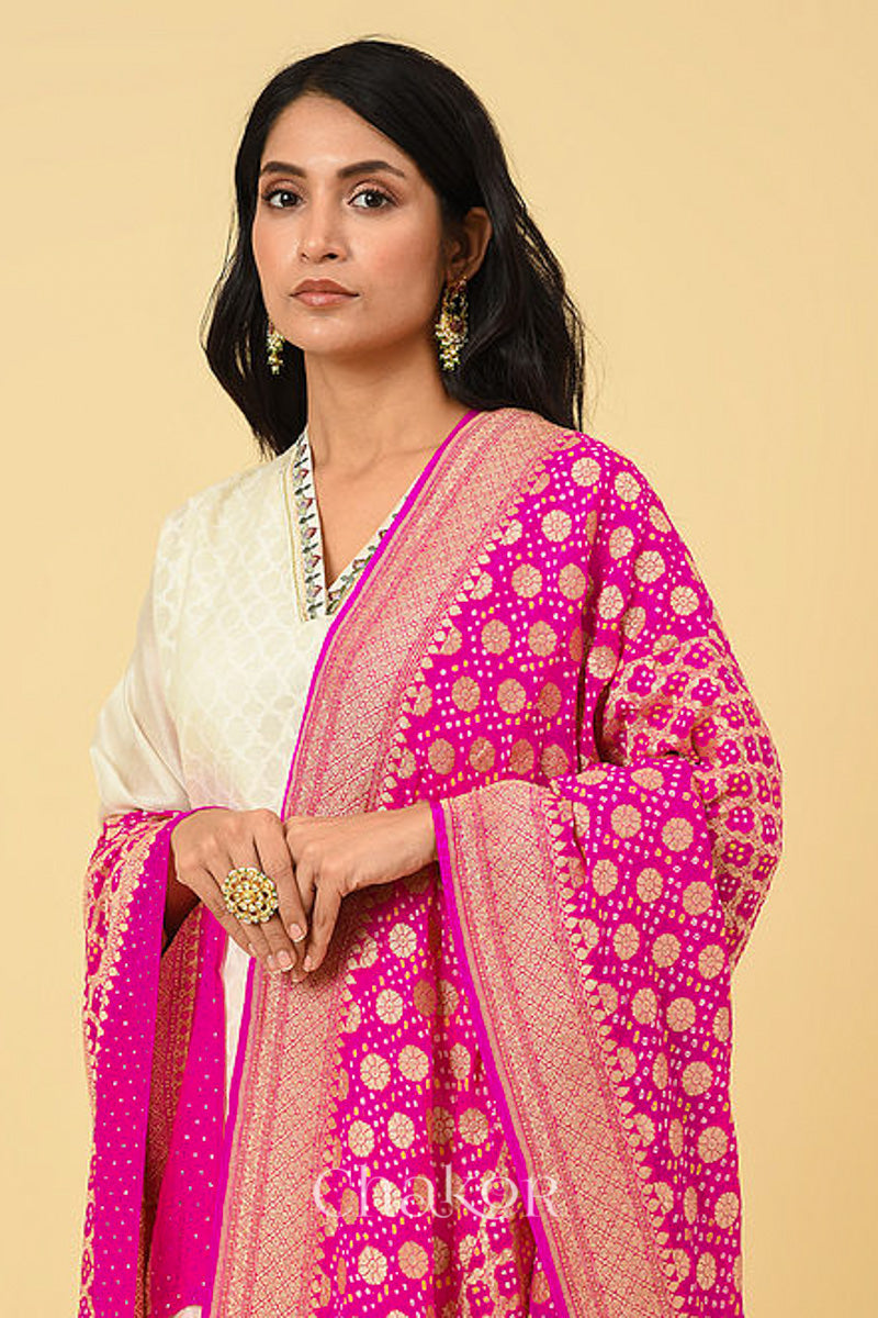 Pink Banarasi Silk Bandhani Dupatta