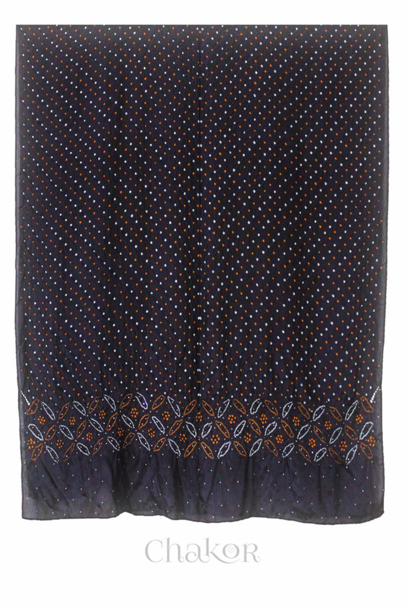 Full view of black Bandhani mulberry silk dupatta with multi colour tie-dye dot pattern & detailed with mukaish work &  Bead edging.