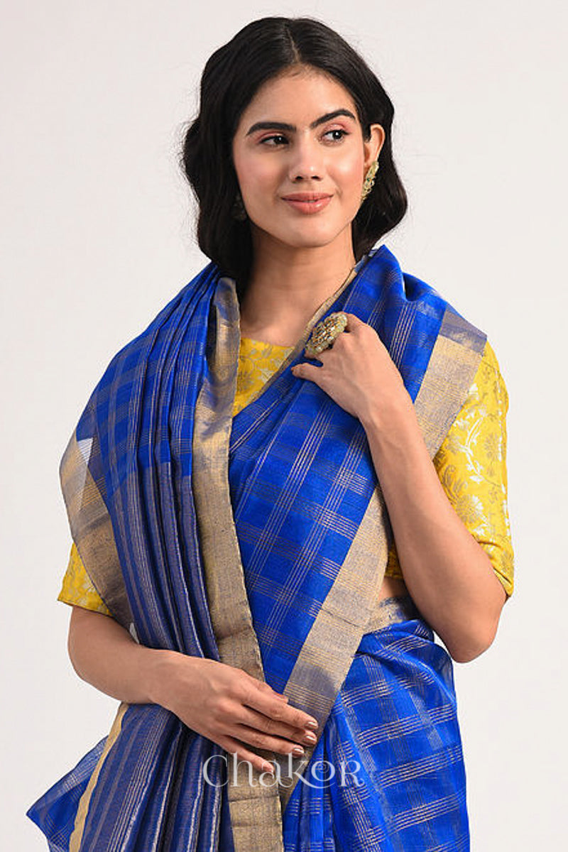 Chakor's Blue Handloom Silk Cotton Saree with woven fine zari checks & tissue pallu.