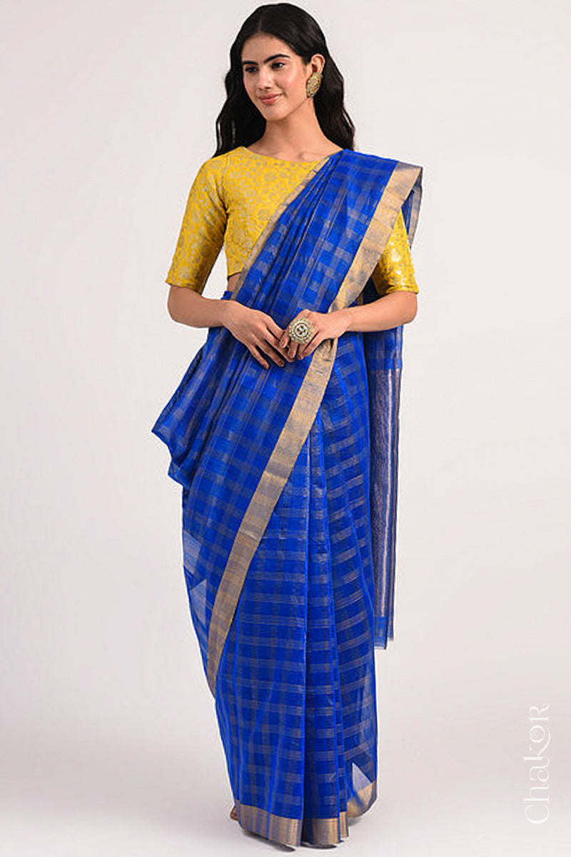 Chakor's Blue Handloom Silk Cotton Saree with woven fine zari checks & tissue pallu.