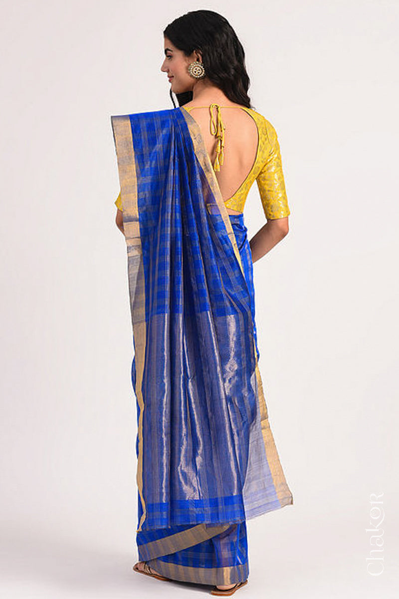 Chakor's Blue Handloom Silk Cotton Saree with woven fine zari checks & tissue pallu.