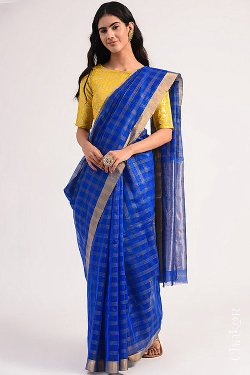 Chakor's Blue Handloom Silk Cotton Saree with woven fine zari checks & tissue pallu.
