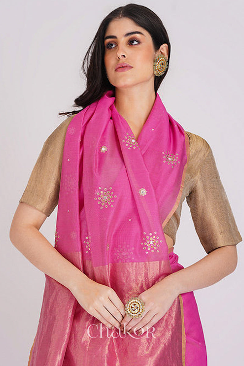 Chakor's Pink Handloom Silk Cotton Saree with woven tissue pallu & delicate sequin work buttis.
