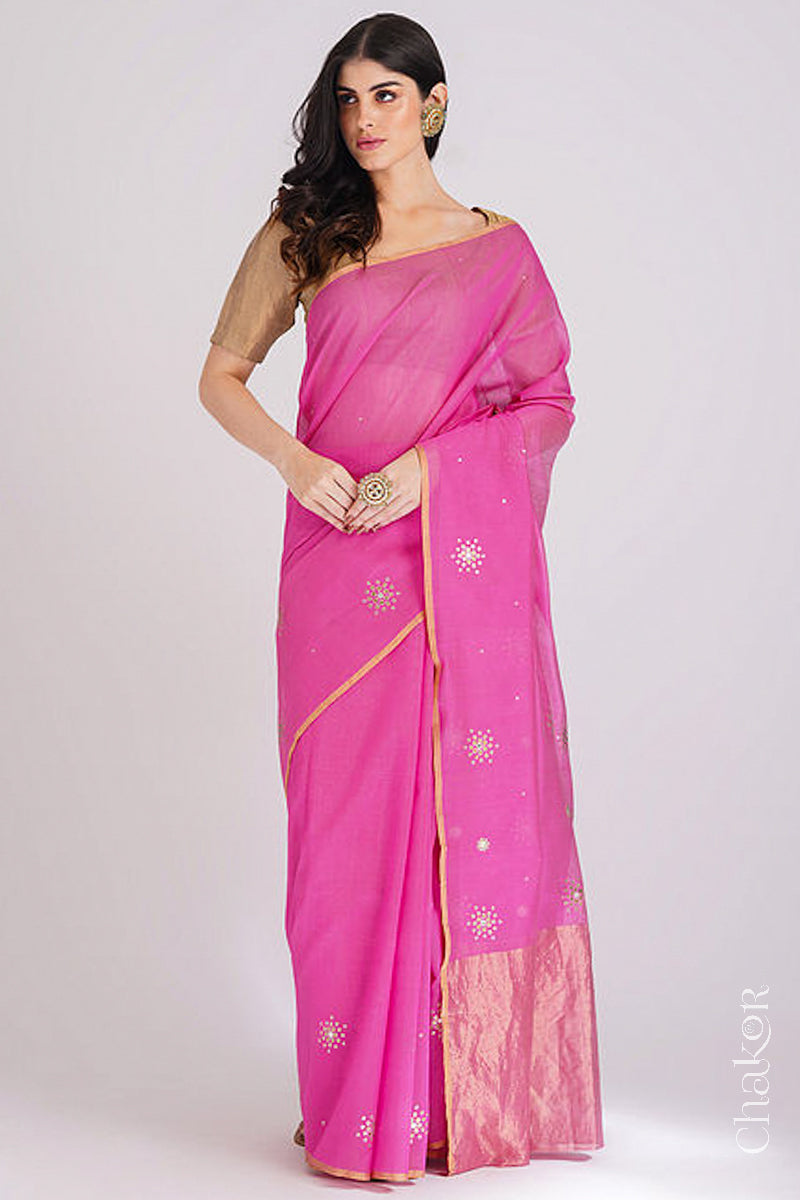 Chakor's Pink Handloom Silk Cotton Saree with woven tissue pallu & delicate sequin work buttis.