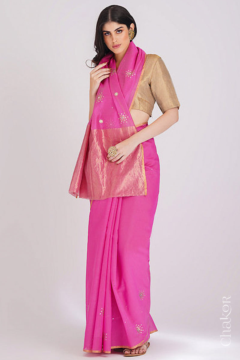 Chakor's Pink Handloom Silk Cotton Saree with woven tissue pallu & delicate sequin work buttis.