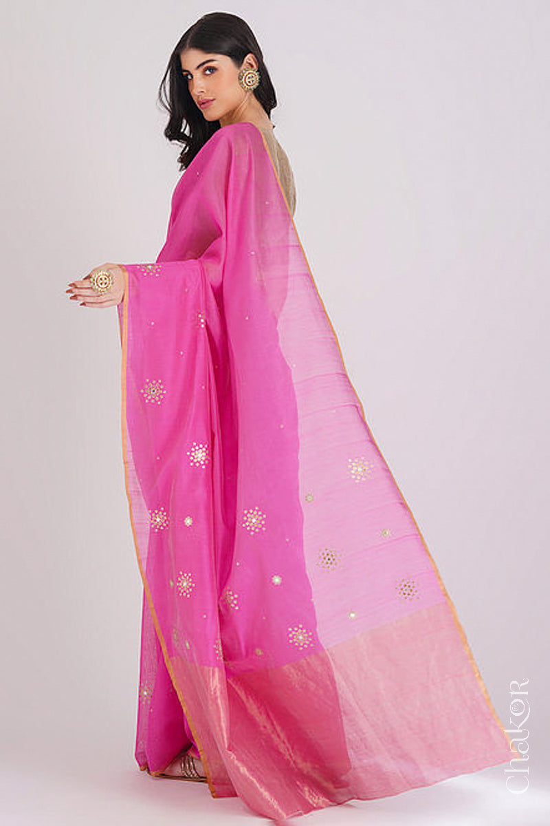 Chakor's Pink Handloom Silk Cotton Saree with woven tissue pallu & delicate sequin work buttis.