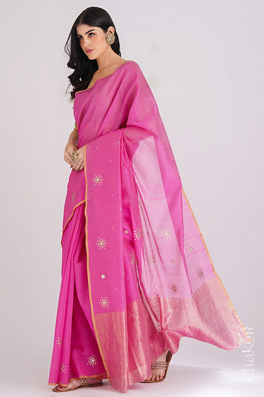 Chakor's Pink Handloom Silk Cotton Saree with woven tissue pallu & delicate sequin work buttis.