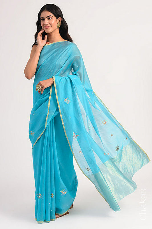 Chakor's Peacock Blue Handloom Silk Cotton Saree with woven tissue pallu & delicate sequin work buttis.