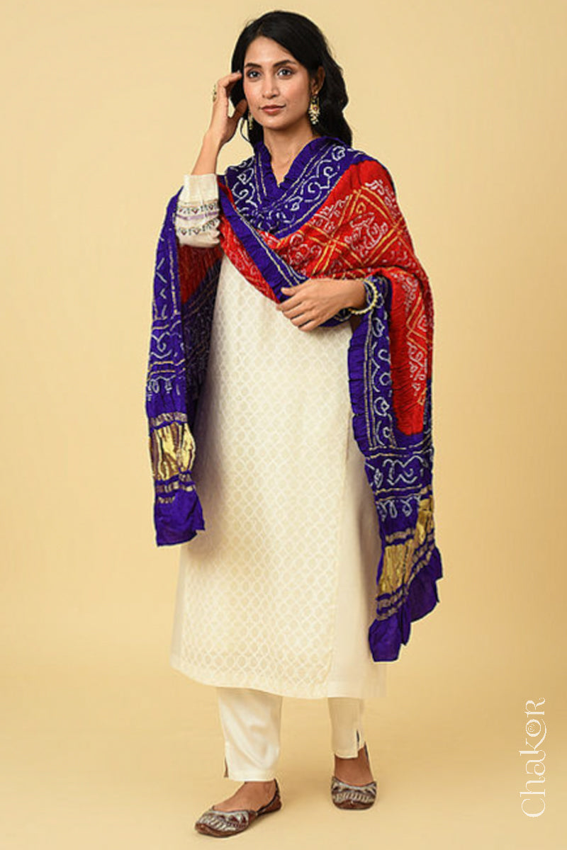 Red Purple Bandhani Gaji Silk Dupatta
