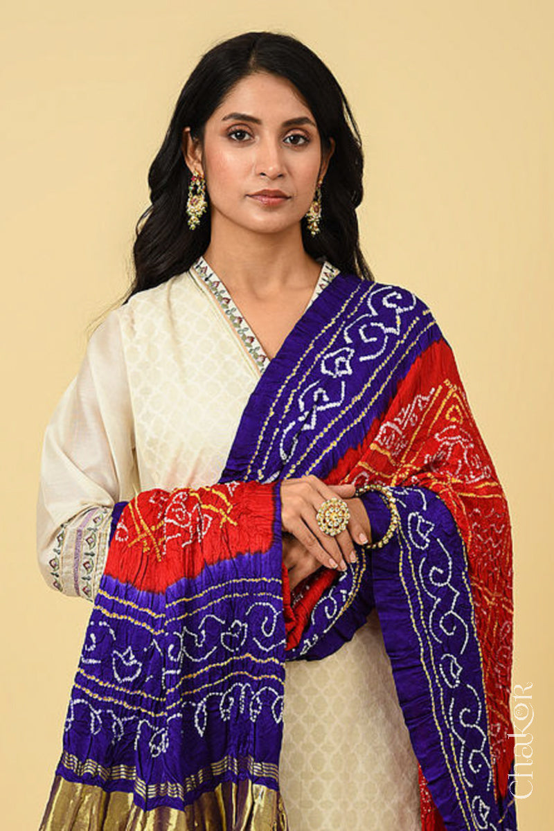 Red Purple Bandhani Gaji Silk Dupatta