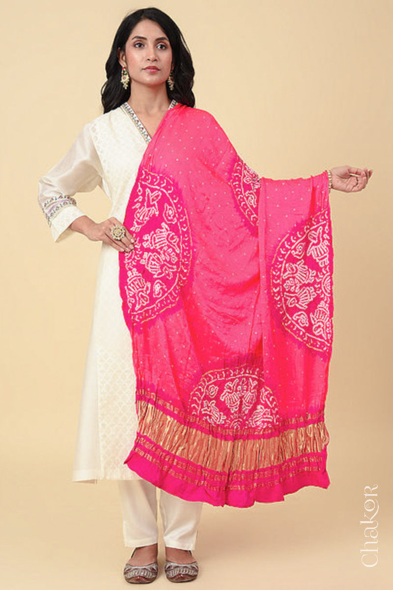 Peach Pink Bandhani Gaji Silk Dupatta