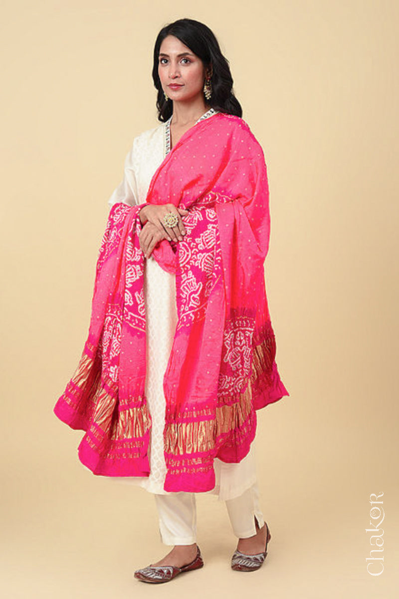 Peach Pink Bandhani Gaji Silk Dupatta