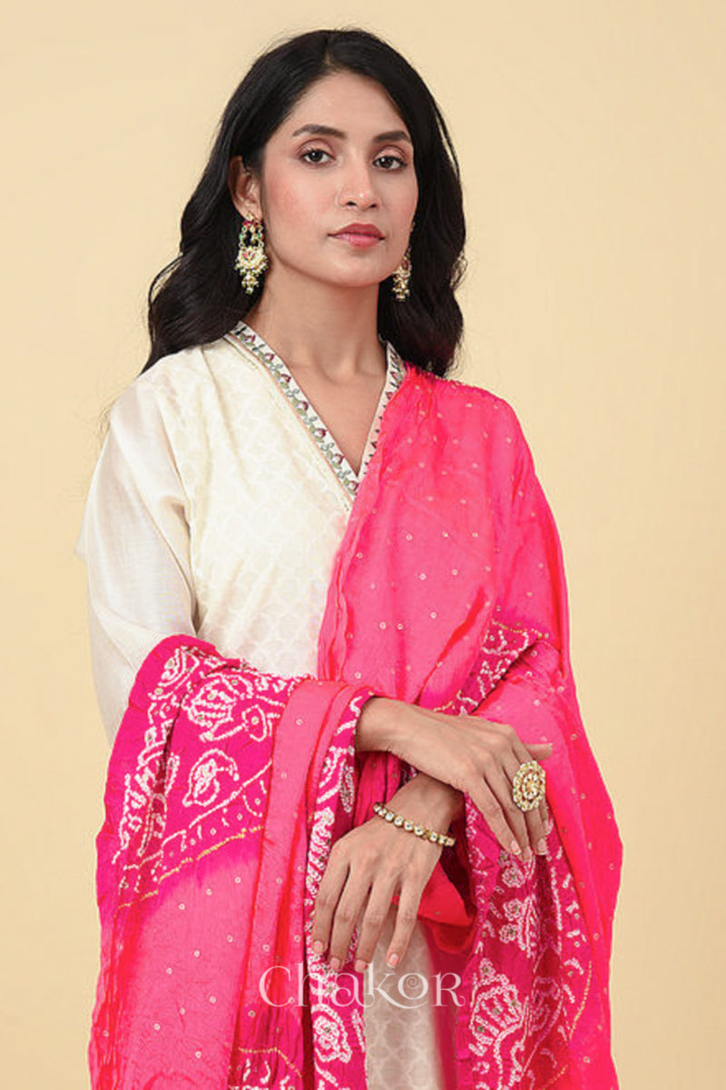 Peach Pink Bandhani Gaji Silk Dupatta