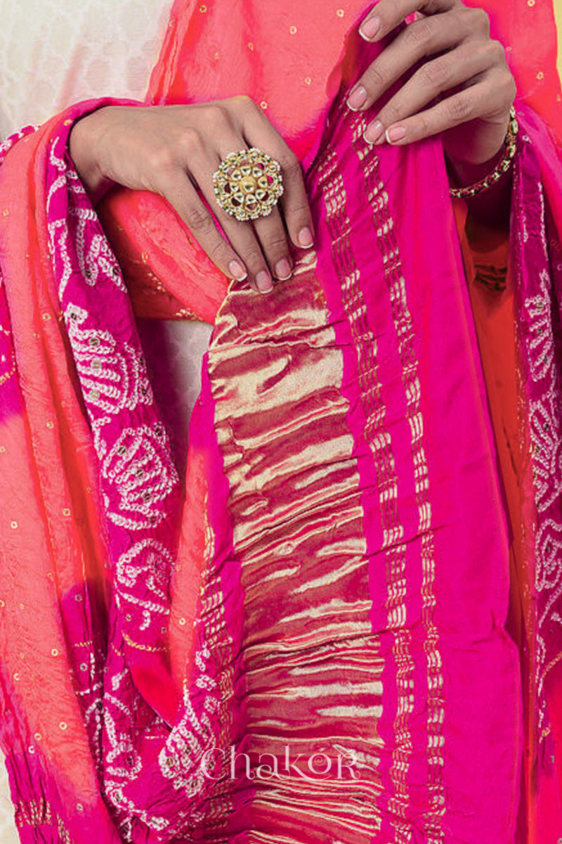Peach Pink Bandhani Gaji Silk Dupatta
