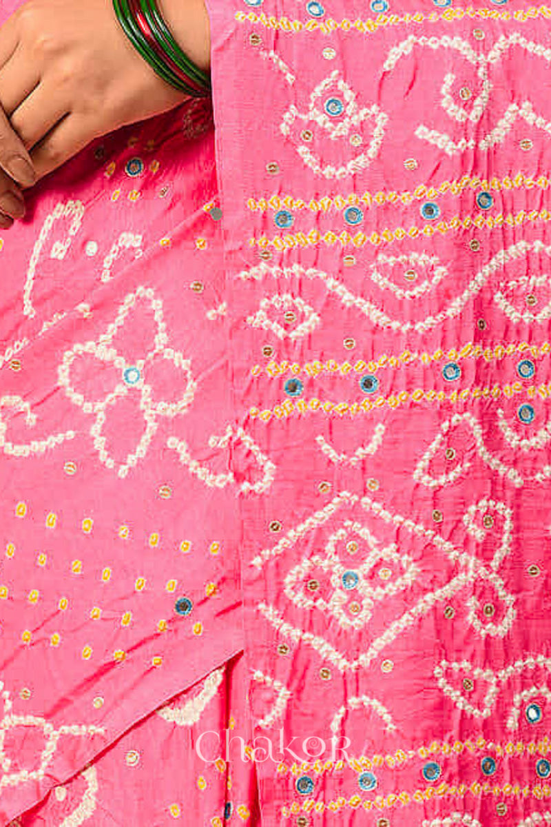 Chakor's traditional Pink bandhani pure silk saree with embroidery