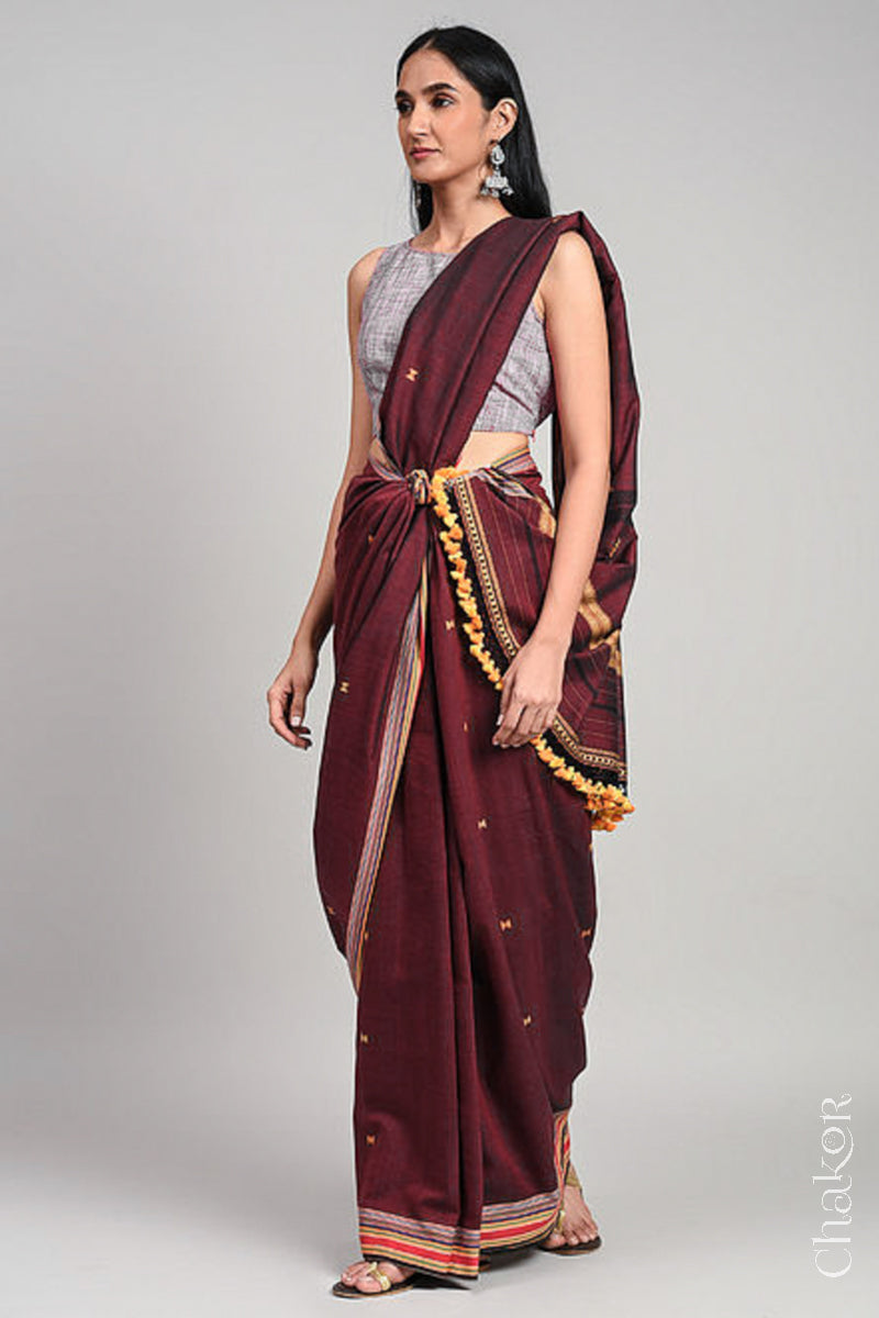Handloom Maroon Bhujodi Cotton Saree by Chakor.