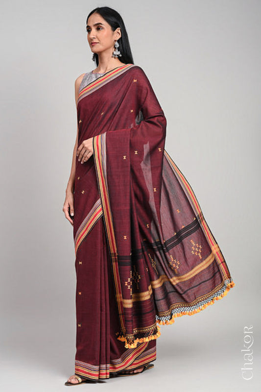 Handloom Maroon Bhujodi Cotton Saree by Chakor.