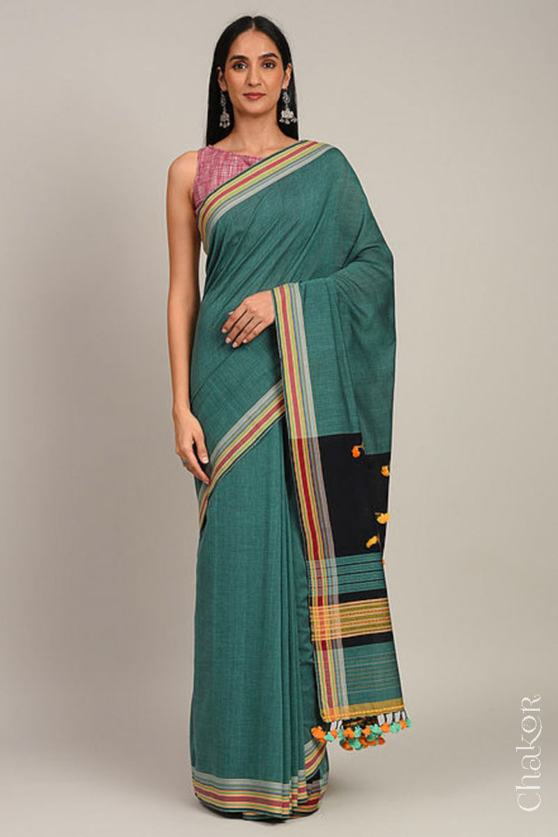 Handloom Teal Black Bhujodi Cotton Saree by Chakor.
