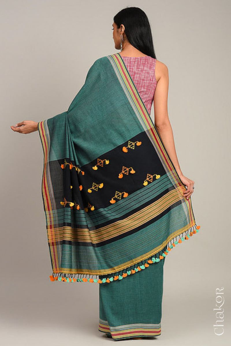 Handloom Teal Black Bhujodi Cotton Saree by Chakor.