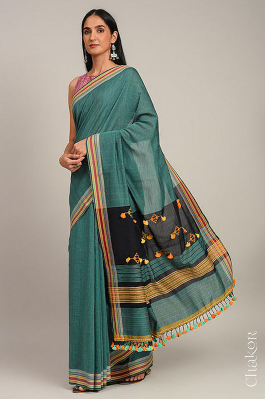 Teal Black Bhujodi Cotton Saree