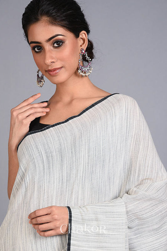 Handloom Off-white Grey Bhujodi Cotton Saree by Chakor.