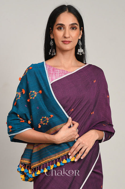 Handloom Wine Blue Bhujodi Cotton Saree by Chakor.