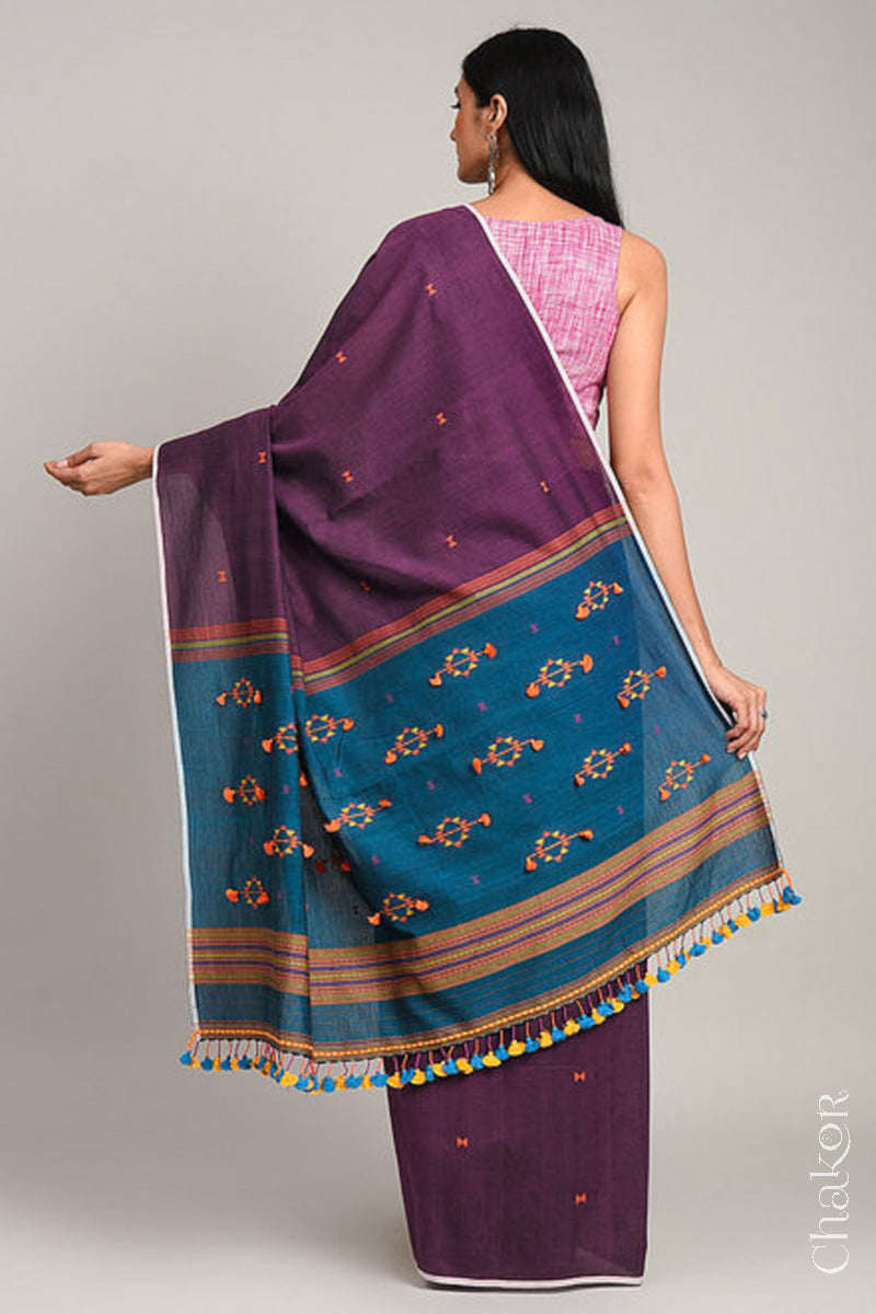 Handloom Wine Blue Bhujodi Cotton Saree by Chakor.