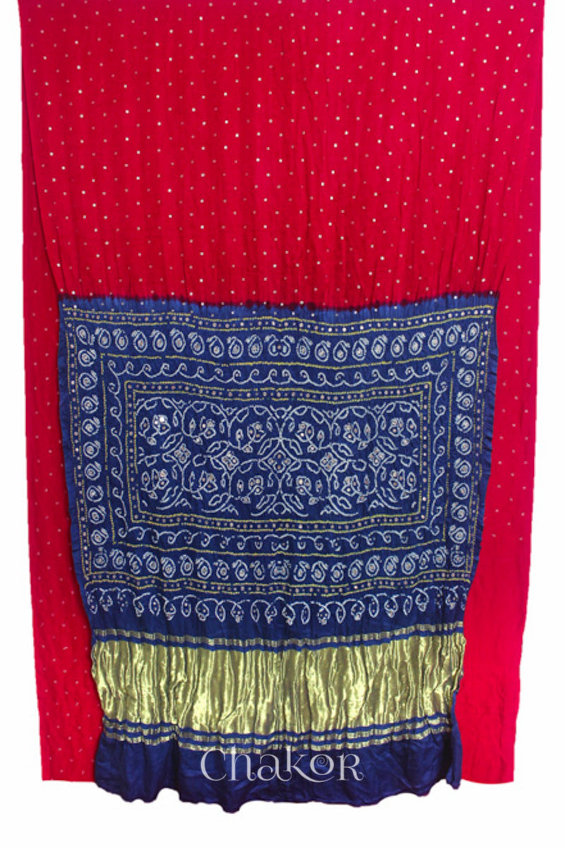 Chakor's traditional Red indigo bandhani pure silk saree with embroidery.