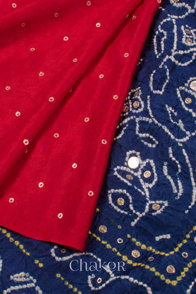 Chakor's traditional Red indigo bandhani pure silk saree with embroidery.