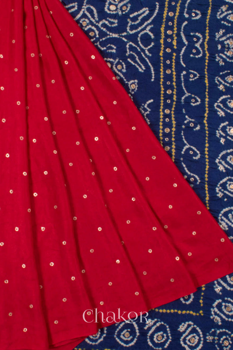 Chakor's traditional Red indigo bandhani pure silk saree with embroidery.