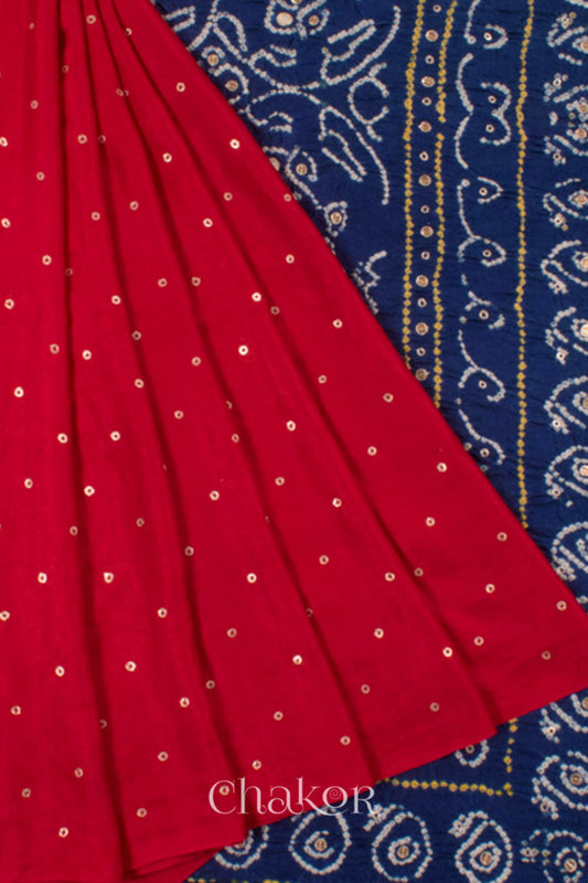 Chakor's traditional Red indigo bandhani pure silk saree with embroidery.