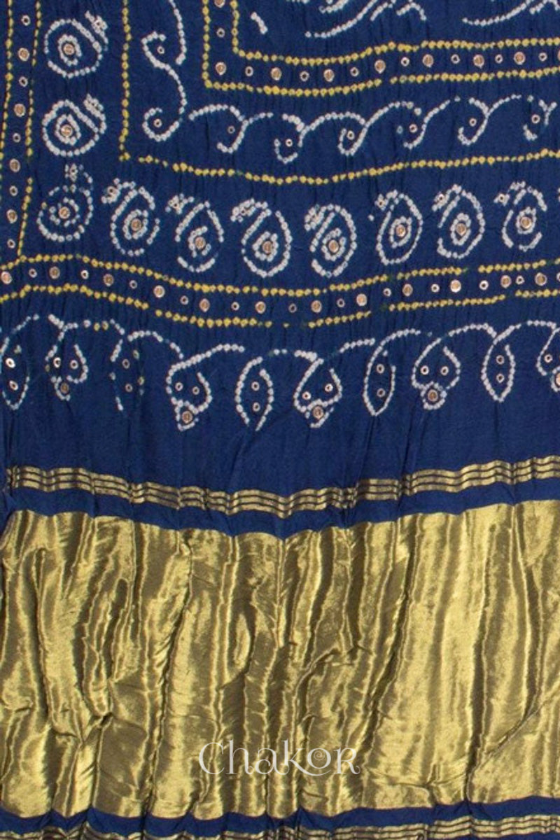 Chakor's traditional Red indigo bandhani pure silk saree with embroidery.