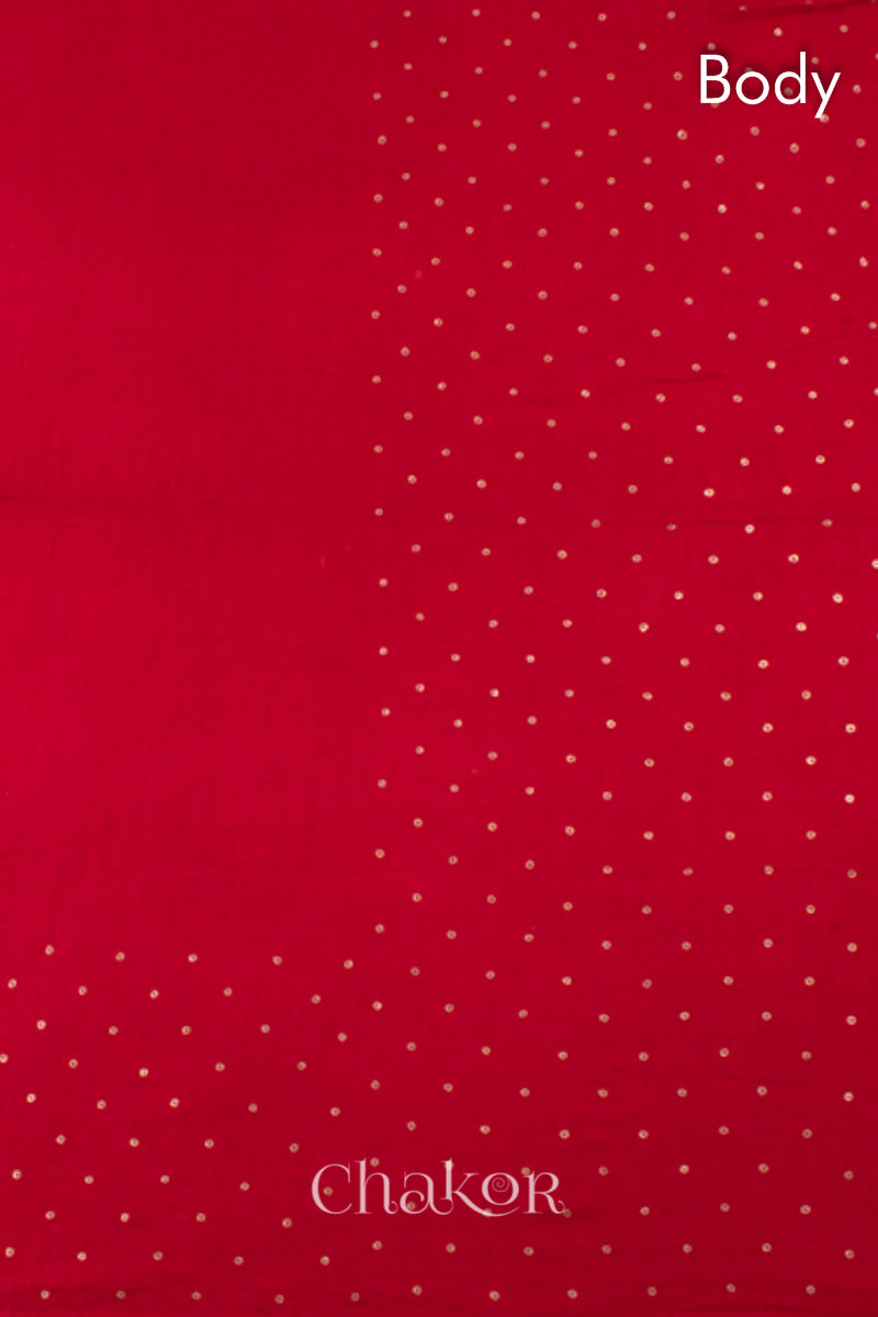 Chakor's traditional Red indigo bandhani pure silk saree with embroidery.