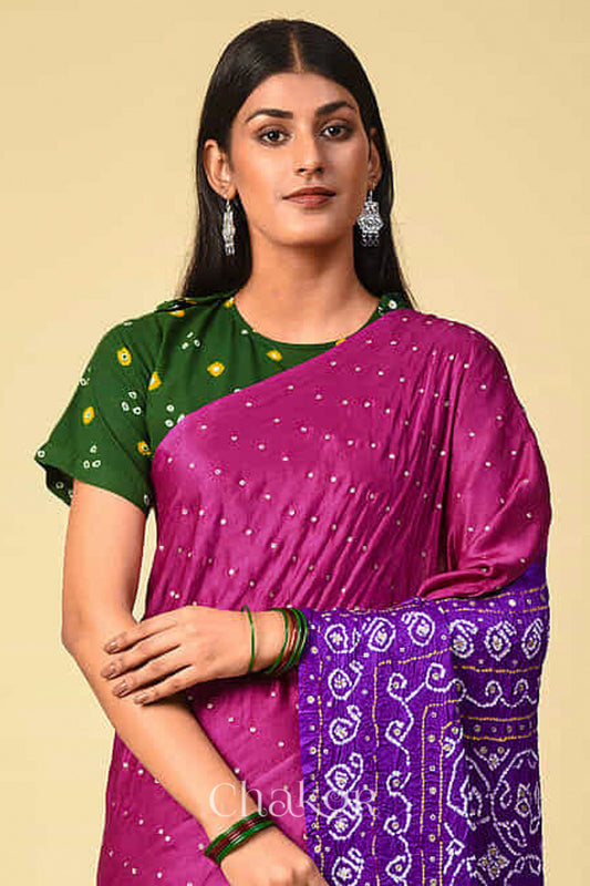 Chakor's traditional Magenta Purple bandhani pure silk saree with embroidery.