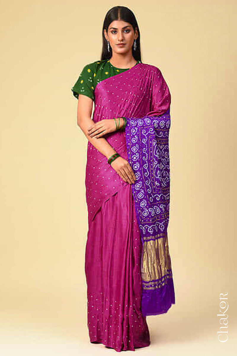 Chakor's traditional Magenta Purple bandhani pure silk saree with embroidery.