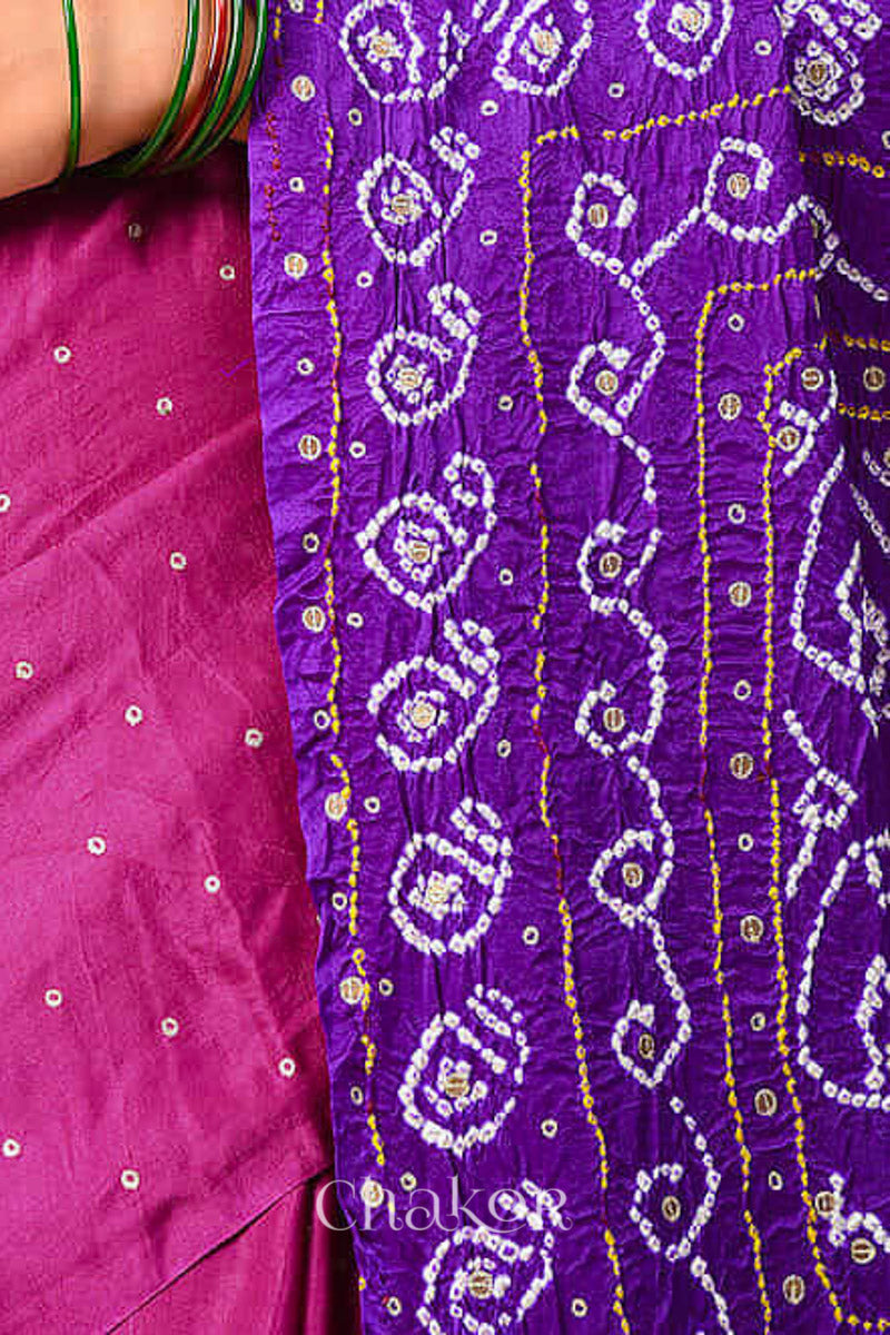 Chakor's traditional Magenta Purple bandhani pure silk saree with embroidery.