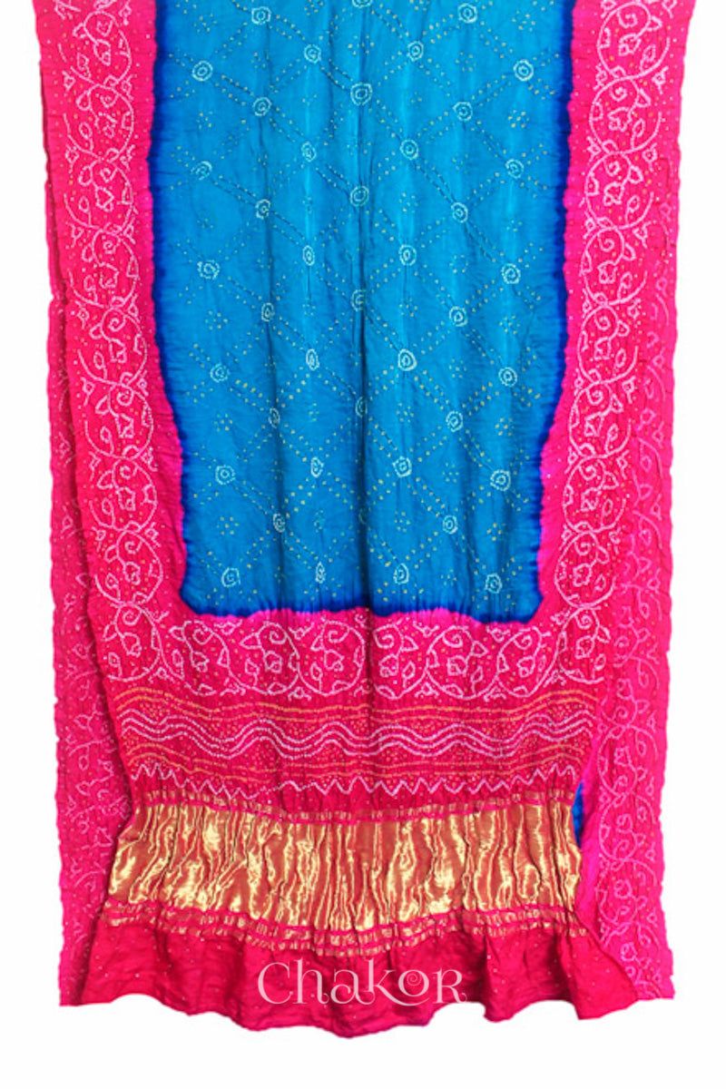 Chakor's traditional Blue Pink bandhani pure silk saree with embroidery.