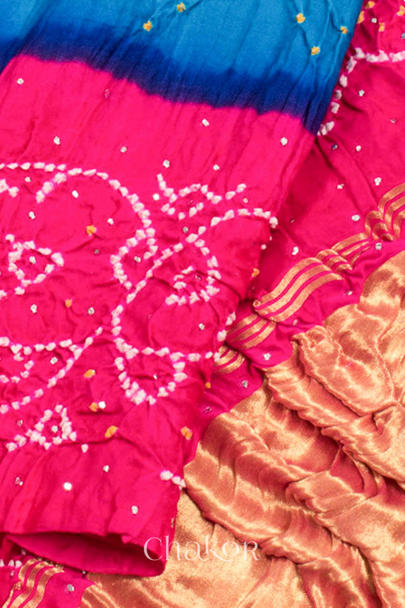 Chakor's traditional Blue Pink bandhani pure silk saree with embroidery.