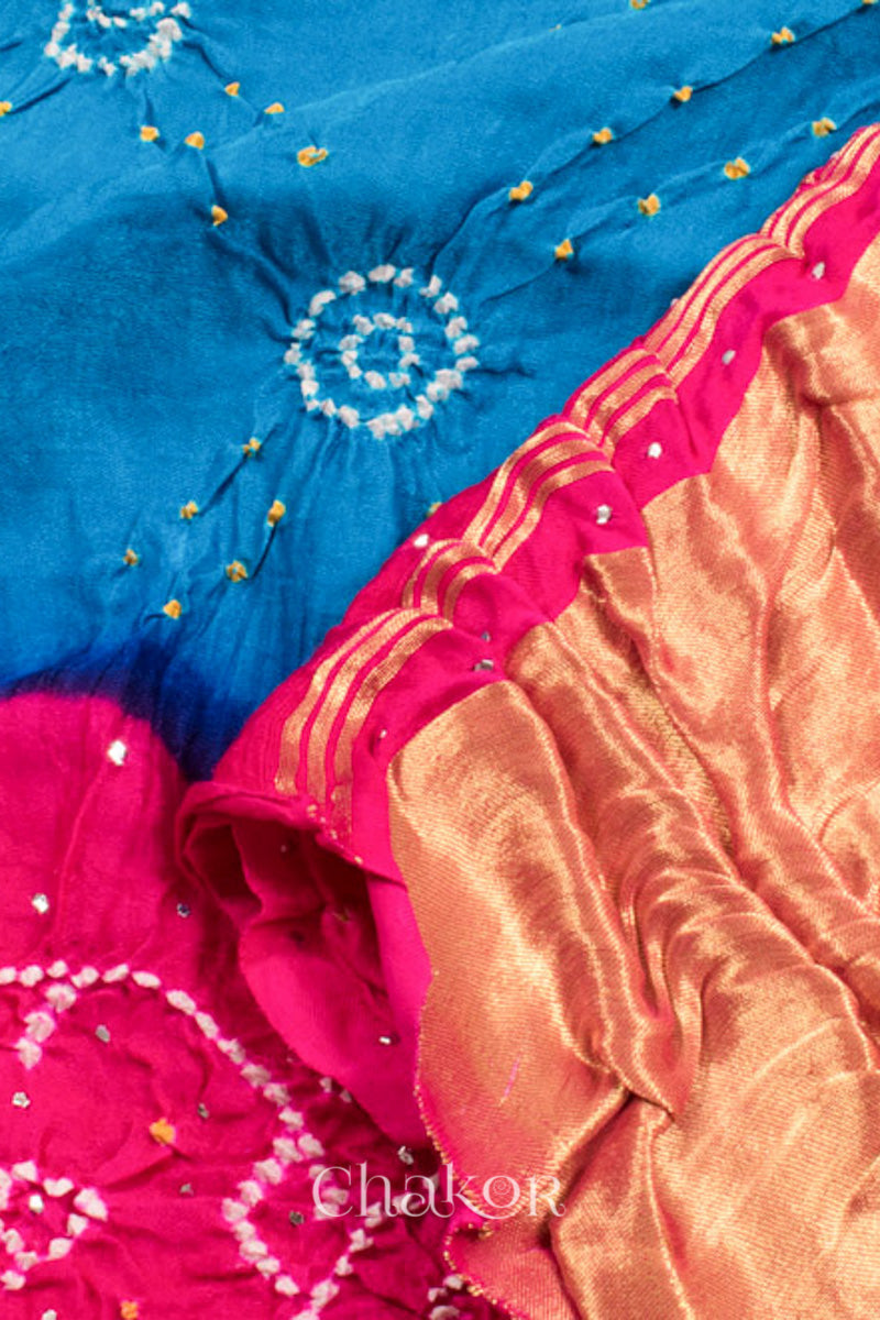 Chakor's traditional Blue Pink bandhani pure silk saree with embroidery.