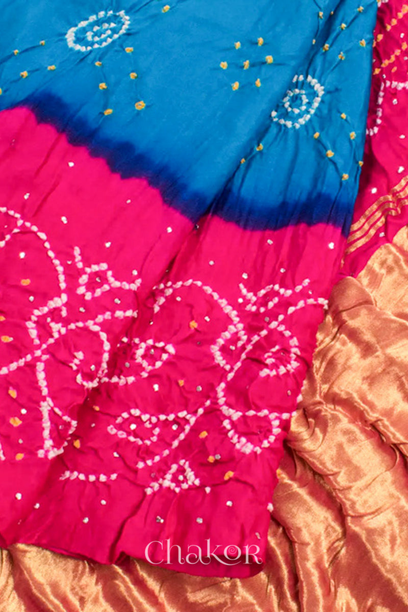 Chakor's traditional Blue Pink bandhani pure silk saree with embroidery.