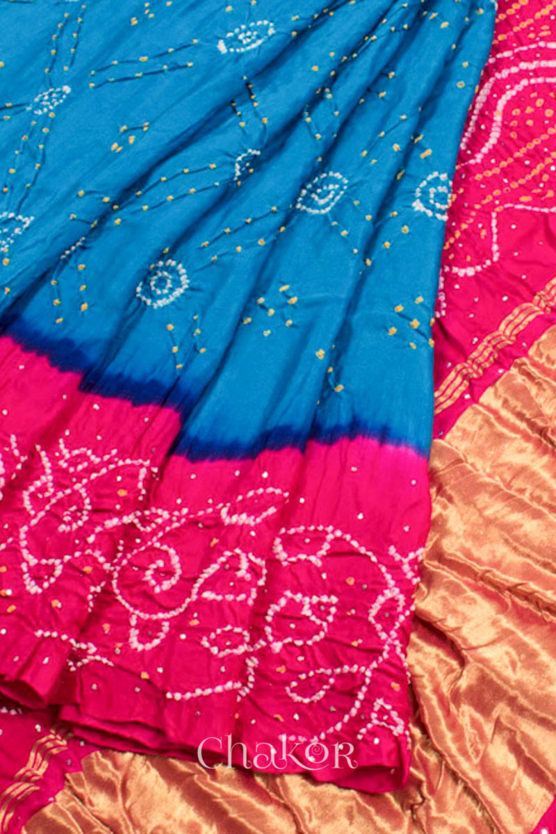 Chakor's traditional Blue Pink bandhani pure silk saree with embroidery.Chakor's traditional Blue Pink bandhani pure silk saree with embroidery.