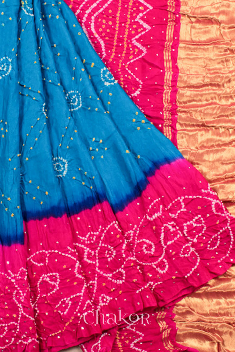 Chakor's traditional Blue Pink bandhani pure silk saree with embroidery.