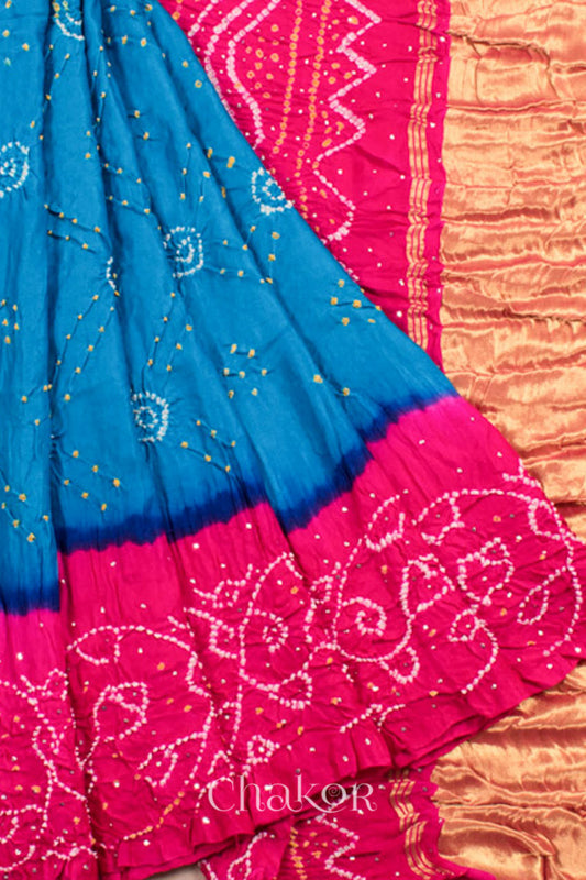 Chakor's traditional Blue Pink bandhani pure silk saree with embroidery.