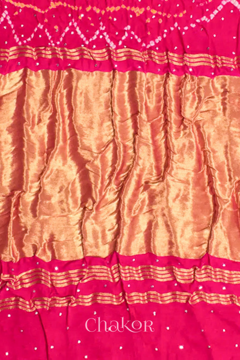 Chakor's traditional Blue Pink bandhani pure silk saree with embroidery.