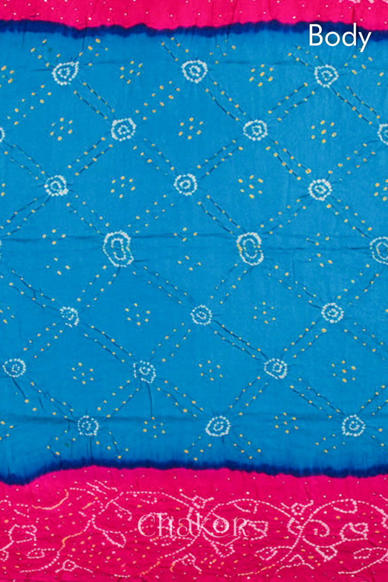 Chakor's traditional Blue Pink bandhani pure silk saree with embroidery.