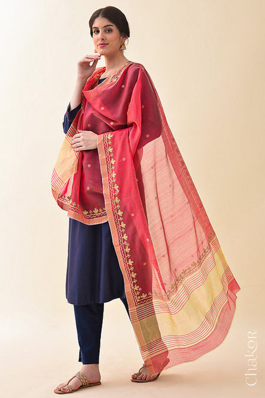 Light Red Chanderi Silk Cotton Dupatta