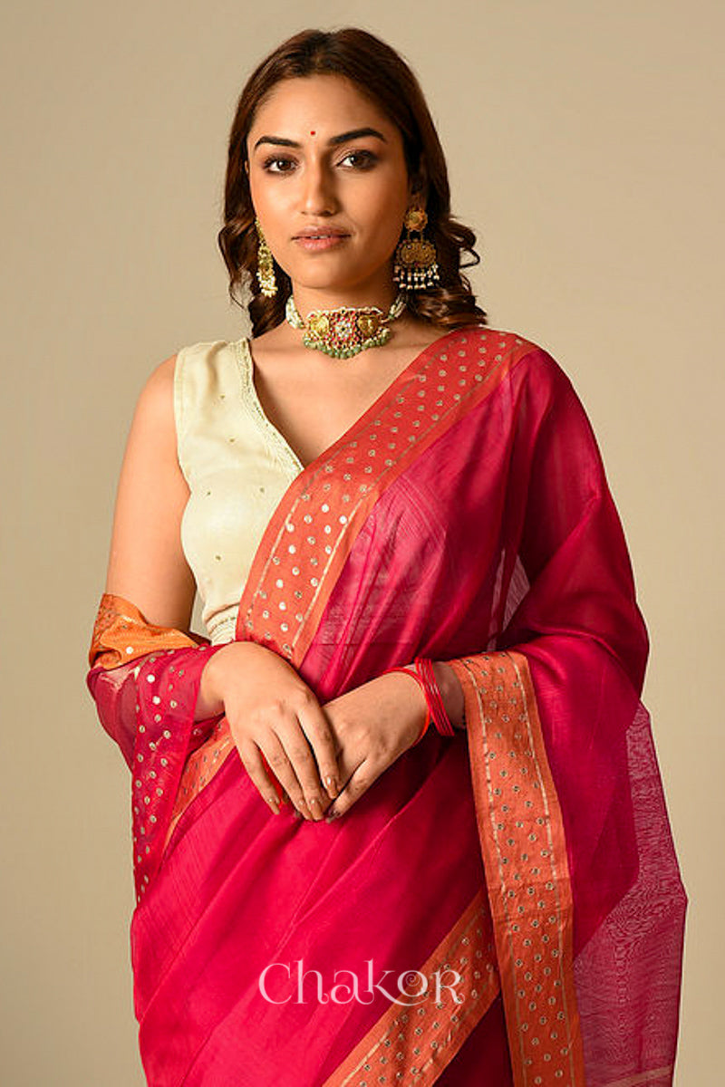 Chakor's Embroidered Red Orange Chanderi silk cotton saree with sequins.