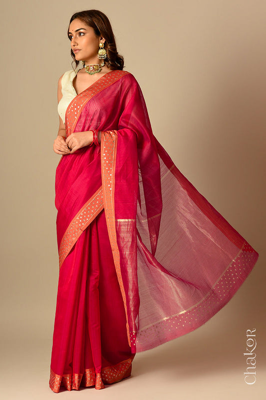 Chakor's Embroidered Red Orange Chanderi silk cotton saree with sequins.