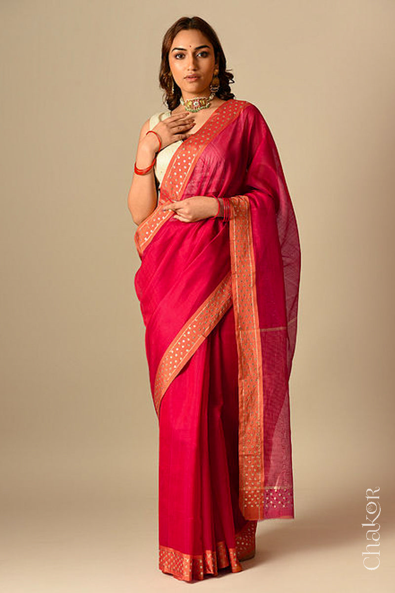 Chakor's Embroidered Red Orange Chanderi silk cotton saree with sequins.