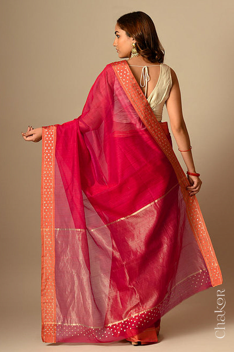 Chakor's Embroidered Red Orange Chanderi silk cotton saree with sequins.